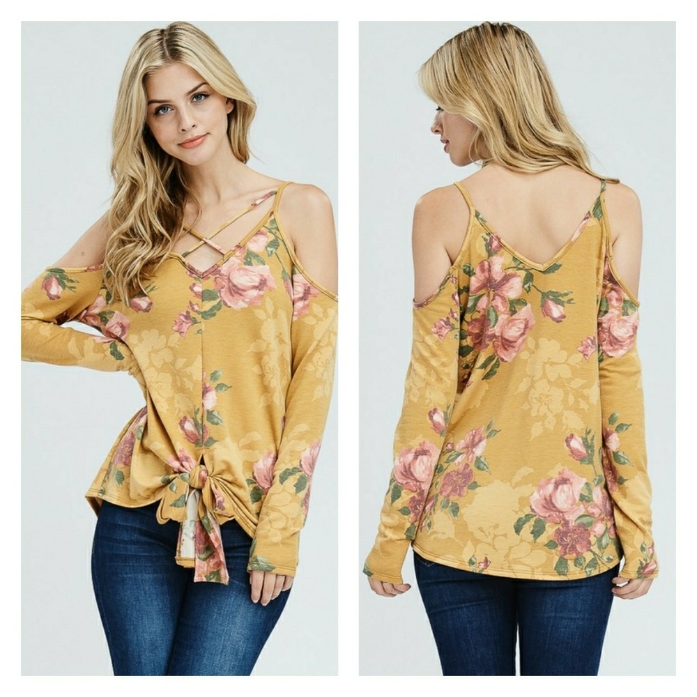 Mustard cold shoulder floral knit top